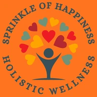 Sprinkle of Happiness Holistic Wellness logo: a figure with arms raised beneath colourful hearts